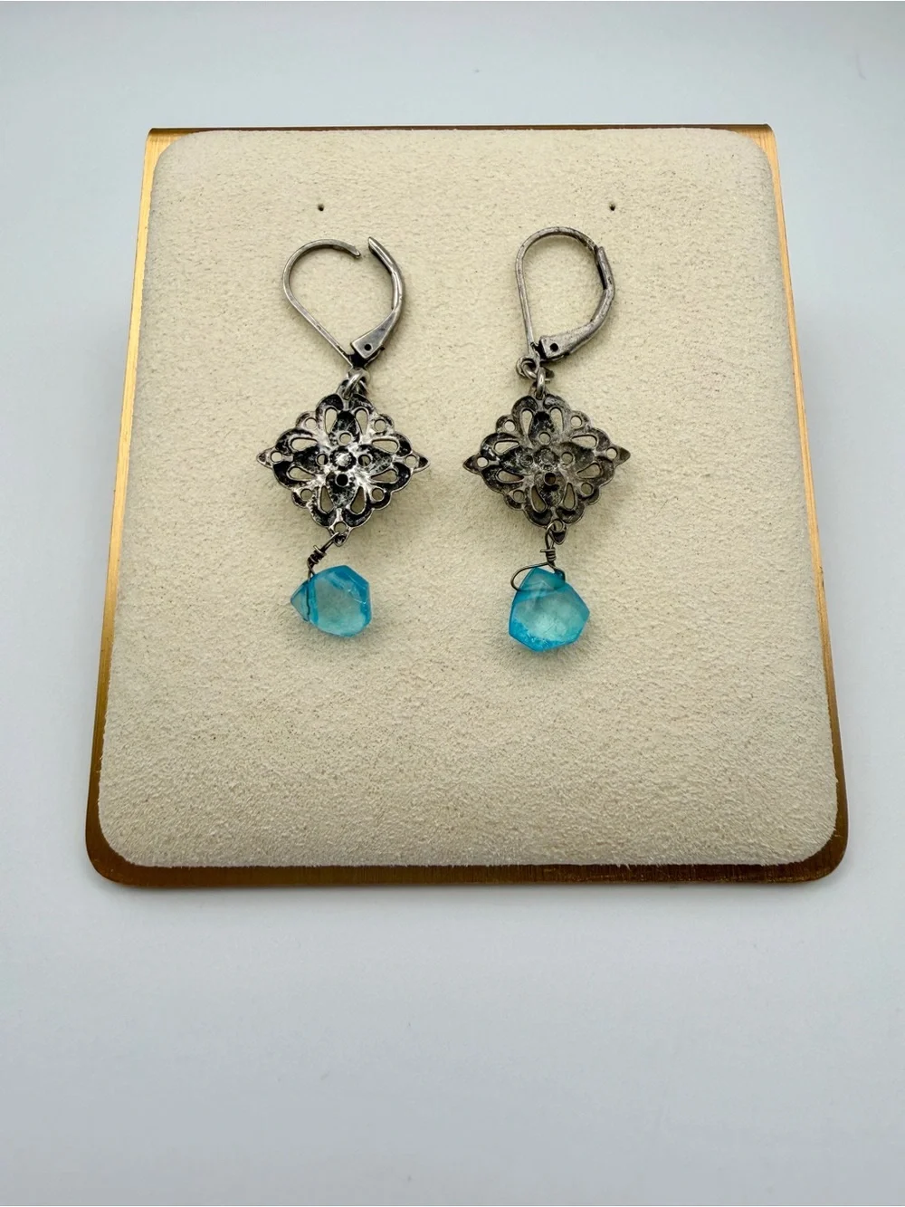 Vintage Style Filigree Drop Earrings with Red Crystals & Aqua Blue Dangles - Picture 5 of 7